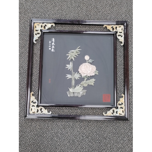 555 - Vintage famed oriental flower picture made from carved jade H 60cm x W 60cm