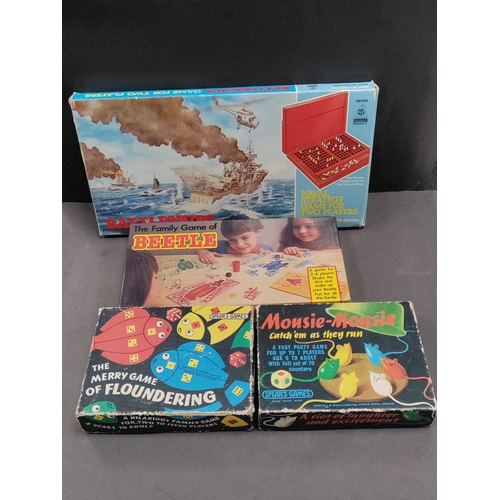 561 - Job lot of four vintage kids games all box and look complete. Includes battleships, beetle, mousie-m... 