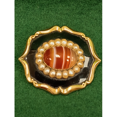 744 - Antique Victorian tested as 9ct gold. Enamel, Agate and pearl mourning brooch with hair in back insc... 