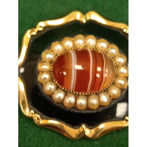 744 - Antique Victorian tested as 9ct gold. Enamel, Agate and pearl mourning brooch with hair in back insc... 