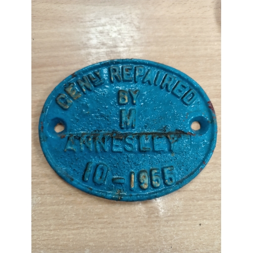 568 - Railwayana cast iron wagon plate Cenly Repaired by M Annesley 10-1955