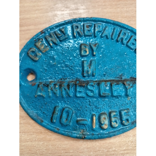 568 - Railwayana cast iron wagon plate Cenly Repaired by M Annesley 10-1955