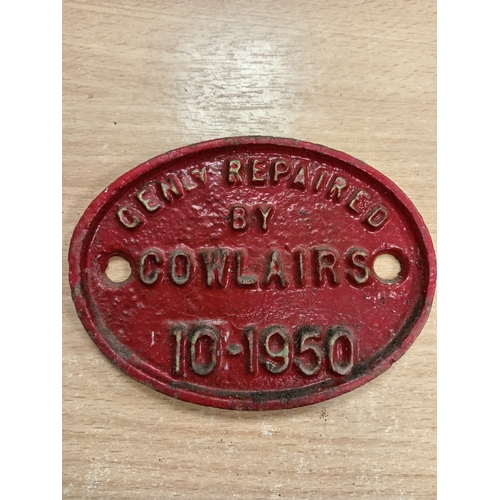 570 - Railwayana cast iron wagon plate Cenly Repaired by Cowlairs 10-1950