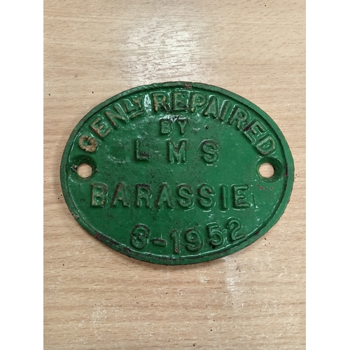 571 - Railwayana cast iron wagon plate Cenly Repaired by L M S Barassie 3-1952