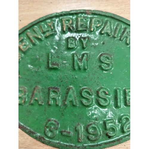 571 - Railwayana cast iron wagon plate Cenly Repaired by L M S Barassie 3-1952