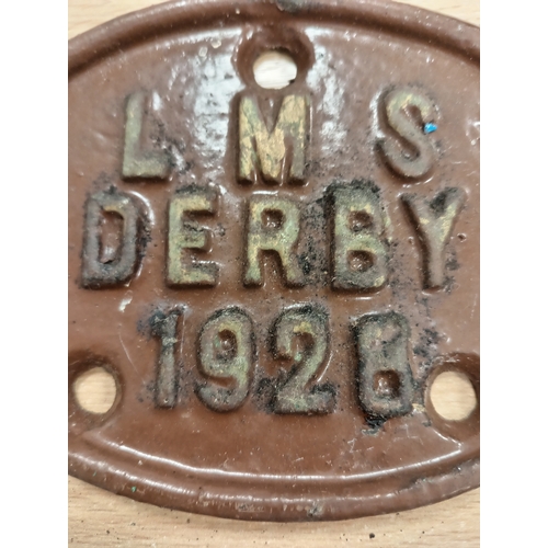 574 - Railwayana cast iron wagon plate L M S Derby 1928