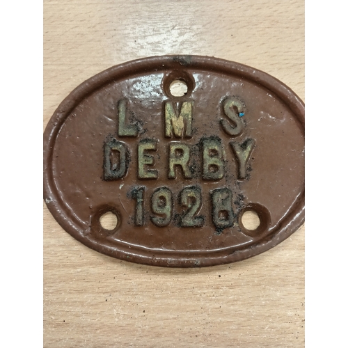 574 - Railwayana cast iron wagon plate L M S Derby 1928