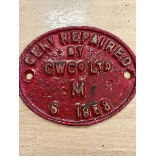 577 - Railwayana cast iron wagon plate Genly Repaired by CWCo Ltd M 6 1853