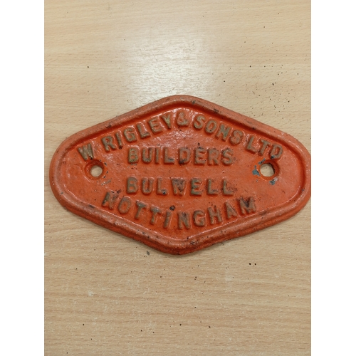 580 - Railwayana cast iron wagon plate W Rigley & sons Ltd Builders Bulwell Nottingham