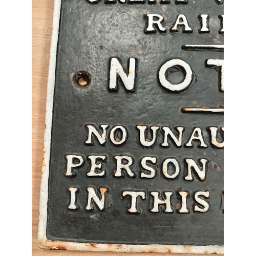 582 - Railwayana cast iron Notice sign Great Western Railway 'No unauthorised person allowed in this box b... 