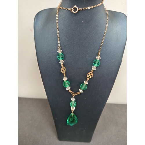 755 - 9ct gold green and clear glass beaded necklace L 40cm weight 7.22 grams