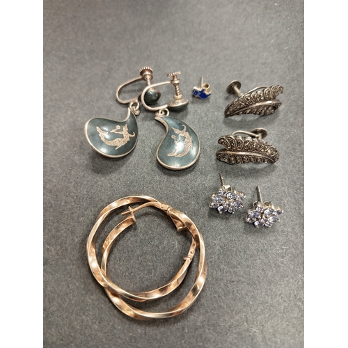 702 - Job lot of silver earrings includes siam silver screwbacks, marcasite screwbacks, hoop earrings and ... 