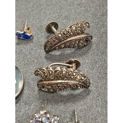 702 - Job lot of silver earrings includes siam silver screwbacks, marcasite screwbacks, hoop earrings and ... 