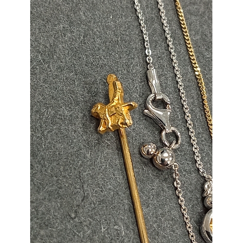 704 - Yellow metal man walking dog tie pin, yellow metal bracelet 20cm and 925 citrine stone bracelet 18cm