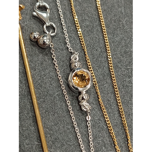 704 - Yellow metal man walking dog tie pin, yellow metal bracelet 20cm and 925 citrine stone bracelet 18cm