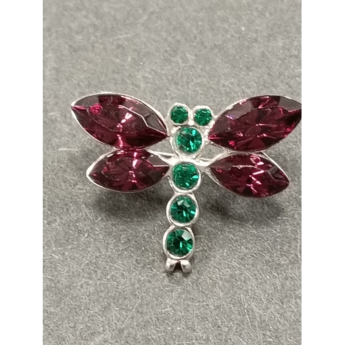 611 - 925 silver purple and green gemstone dragonfly brooch