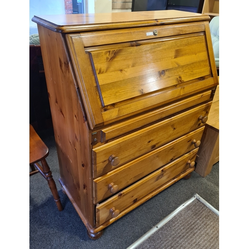 402 - Antique Pine Writing Bureau with 3 draws and lockable cupboard with key. H108cm x W87cm x D45cm