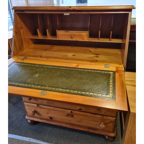 402 - Antique Pine Writing Bureau with 3 draws and lockable cupboard with key. H108cm x W87cm x D45cm