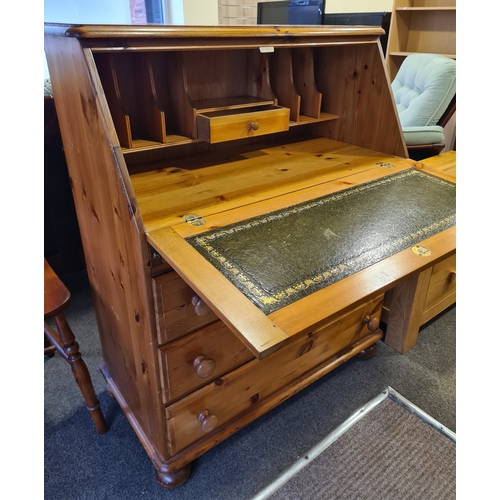 402 - Antique Pine Writing Bureau with 3 draws and lockable cupboard with key. H108cm x W87cm x D45cm