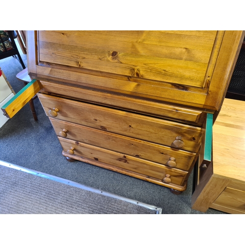 402 - Antique Pine Writing Bureau with 3 draws and lockable cupboard with key. H108cm x W87cm x D45cm