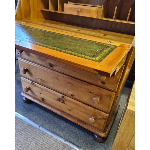 402 - Antique Pine Writing Bureau with 3 draws and lockable cupboard with key. H108cm x W87cm x D45cm