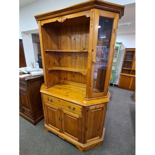 404 - Jaycee antique Pine Dresser with glass door light-up cupboards. H191cm xW130cm xD50cm