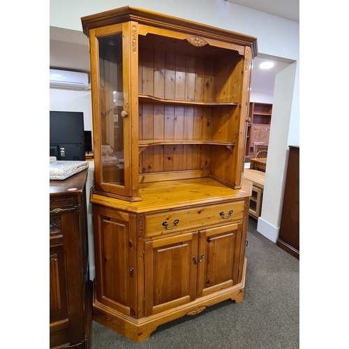 404 - Jaycee antique Pine Dresser with glass door light-up cupboards. H191cm xW130cm xD50cm