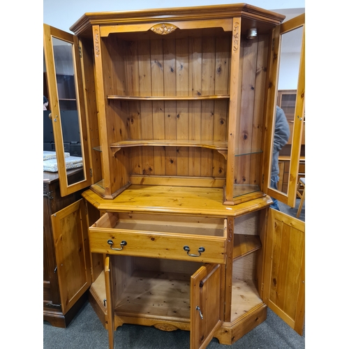 404 - Jaycee antique Pine Dresser with glass door light-up cupboards. H191cm xW130cm xD50cm