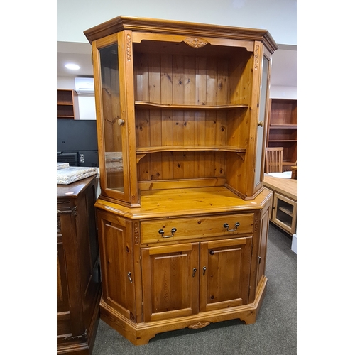 404 - Jaycee antique Pine Dresser with glass door light-up cupboards. H191cm xW130cm xD50cm