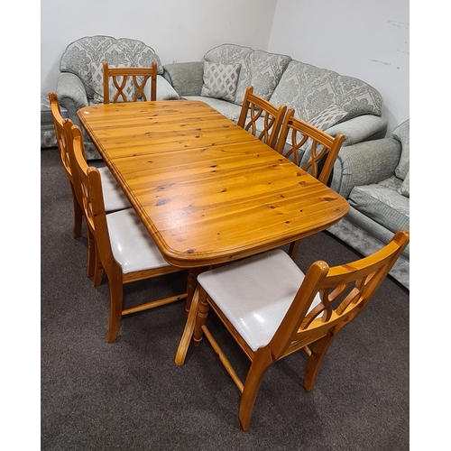 406 - Antique Pine Extendable Dining Table & 6 upholstered chairs. Table H77cm x L150cm extending to 230cm... 