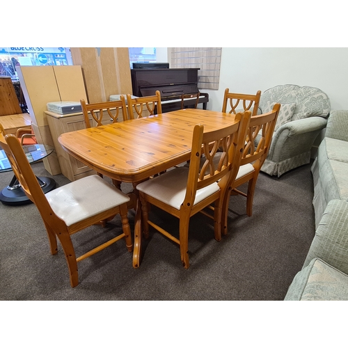 406 - Antique Pine Extendable Dining Table & 6 upholstered chairs. Table H77cm x L150cm extending to 230cm... 