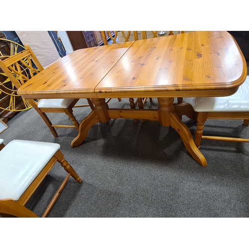 406 - Antique Pine Extendable Dining Table & 6 upholstered chairs. Table H77cm x L150cm extending to 230cm... 