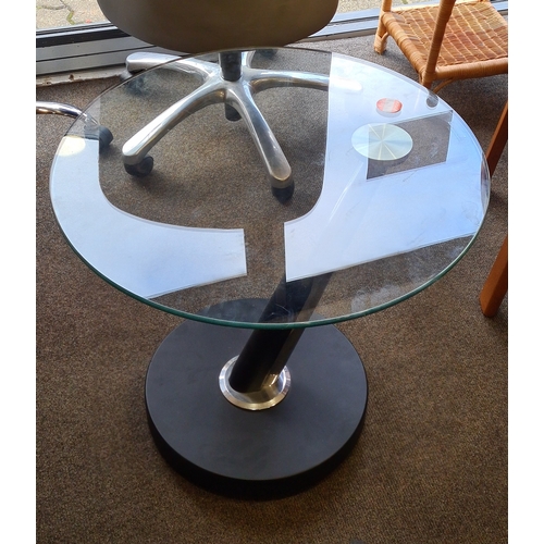 408 - Modern chromed round tall glass topped coffee table. H58cm x 60cm diameter.