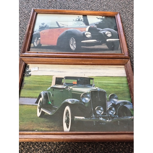 411 - Pair of classic car prints in wooden frames H 27cm x W 40cm