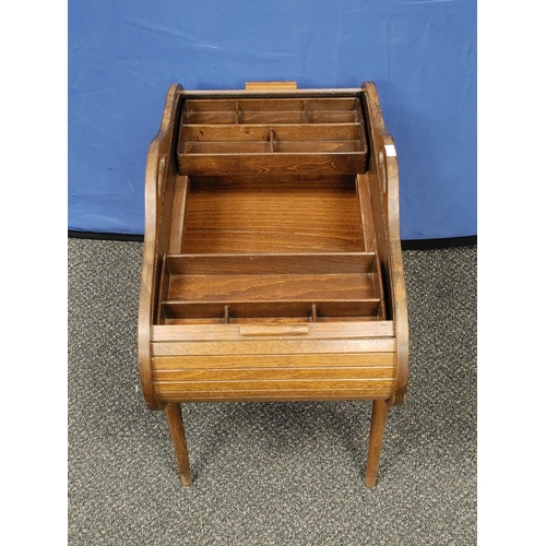 431 - Mid Century vintage wooden tambour roll top sewing box with tidy draws inside.