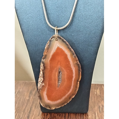 617 - Large Slice of natural Agate pendant on white metal L 40cm chain