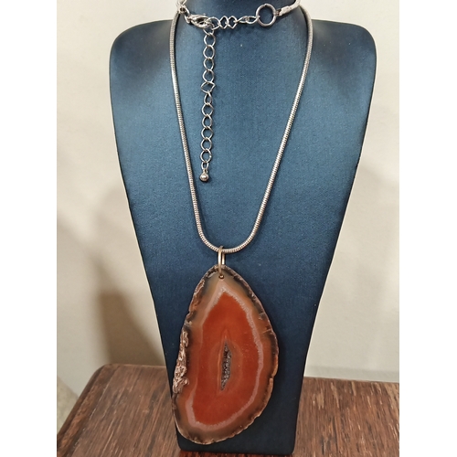 617 - Large Slice of natural Agate pendant on white metal L 40cm chain