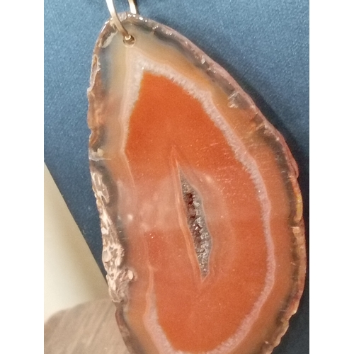 617 - Large Slice of natural Agate pendant on white metal L 40cm chain