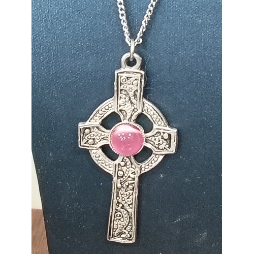 624 - White metal celtic Cross with pink stone pendant 4cm on chain L 40cm