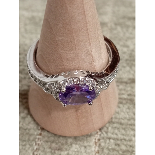 629 - Amethyst colour and diamanté 925 silver ring size P