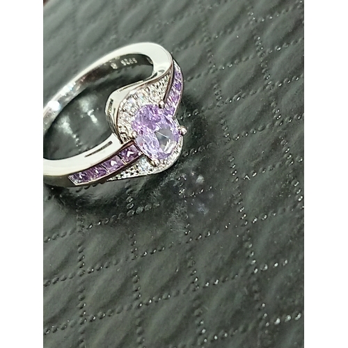 631 - 925 silver Amethyst colour and diamanté ring size P