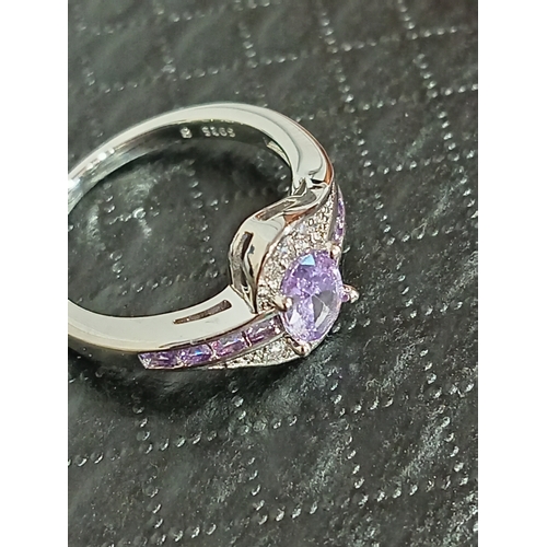 631 - 925 silver Amethyst colour and diamanté ring size P