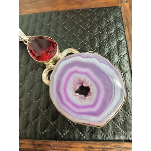 634 - 925 silver large purple Agate stone and pink stone large pendant 6cm x 3cm