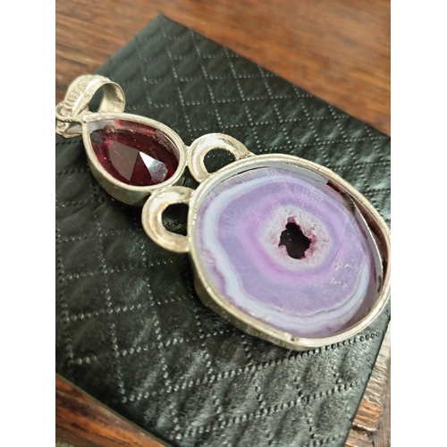 634 - 925 silver large purple Agate stone and pink stone large pendant 6cm x 3cm