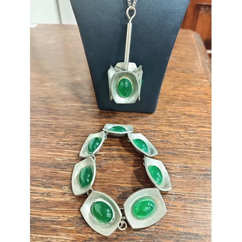 642 - Jorgen Jenson Denmark mid century pewter and green cabachon stone bracelet 18cm and matching pendant... 