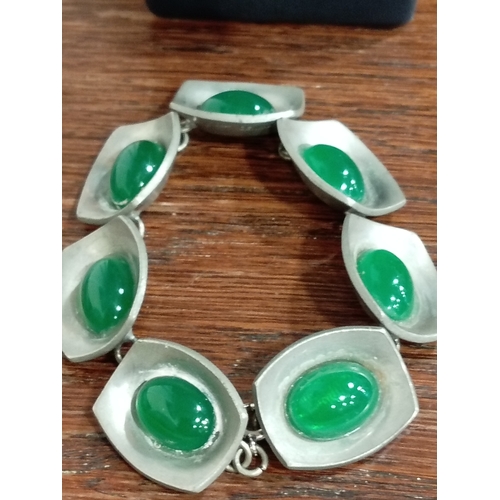 642 - Jorgen Jenson Denmark mid century pewter and green cabachon stone bracelet 18cm and matching pendant... 