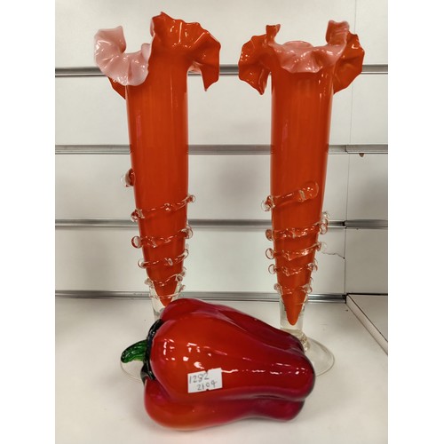 463 - Pair of Bohemian orange ruffle art glass vases H 29cm x W 10cm