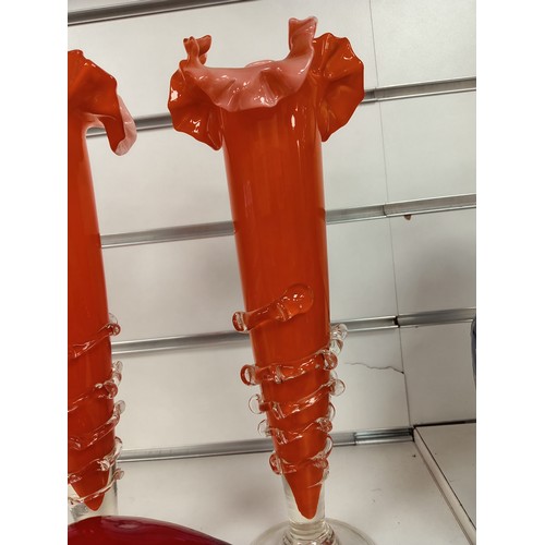 463 - Pair of Bohemian orange ruffle art glass vases H 29cm x W 10cm