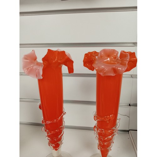 463 - Pair of Bohemian orange ruffle art glass vases H 29cm x W 10cm