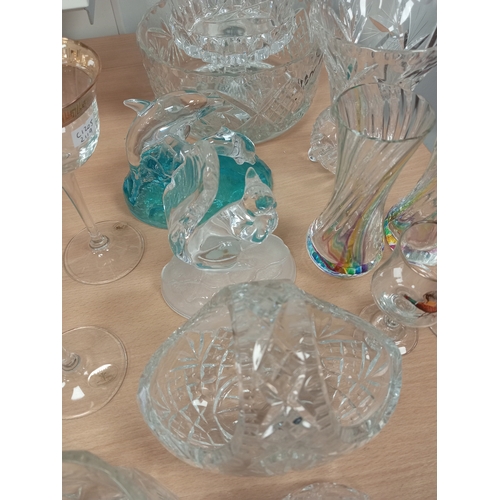 481 - Job lot of vintage glassware incudes cut glass basket, bowl and vases, glass animal figures, two orn... 